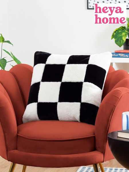 heya home Black Cozee Check Faux Fur Cushion (E54116) | £17