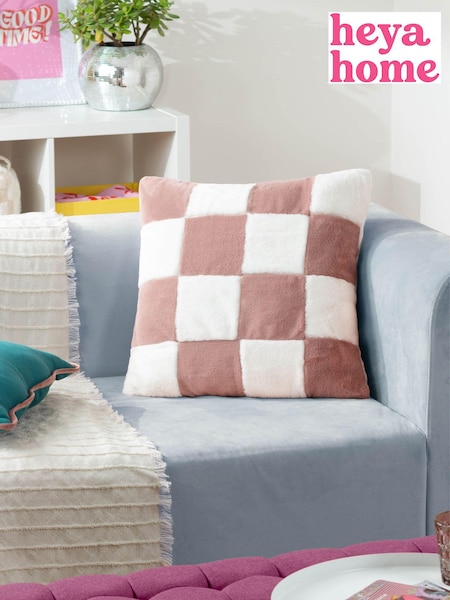 heya home Pink Cozee Check Faux Fur Cushion (E54117) | £17