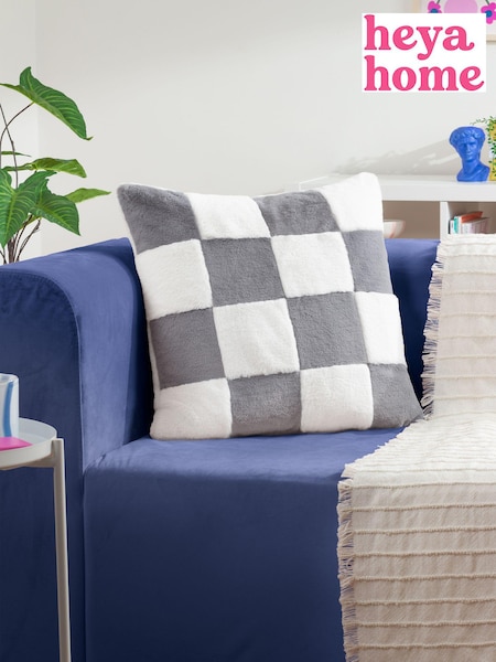 heya home Slate Blue Cozee Check Faux Fur Cushion (E54118) | £17