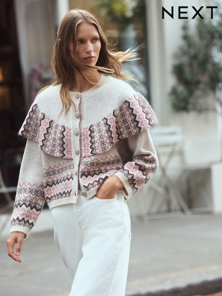 Neutral/Pink Fairisle - Long Sleeve Button Through Cape Cardigan