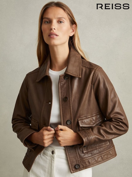 Reiss Chocolate Hanson Leather Trucker Jacket (E54475) | £378