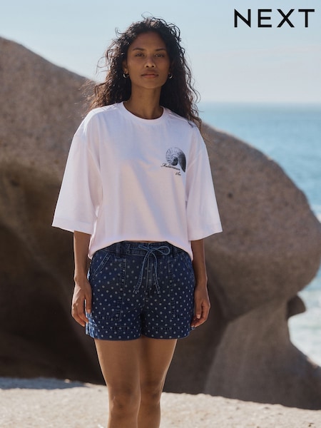 Dark Blue Polka Dot - Pull-on Utility Denim Shorts