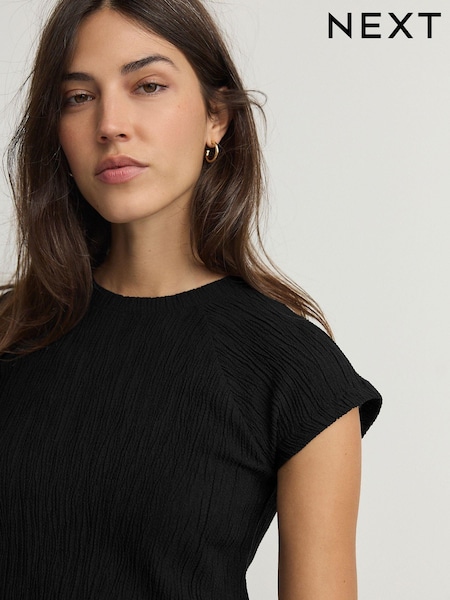 Black Raglan Short Sleeve Textured Top (E54573) | £18