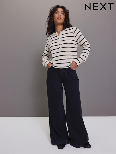 Black/Ecru Stripe Long Sleeve Knitted Henley Top (E54598) | £35