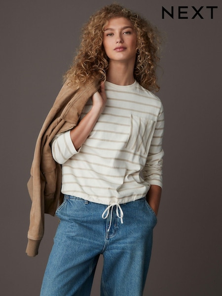 Ecru Stripe Pocket Detail Long Sleeve Drawstring 100% Cotton T-Shirt (E54607) | £24