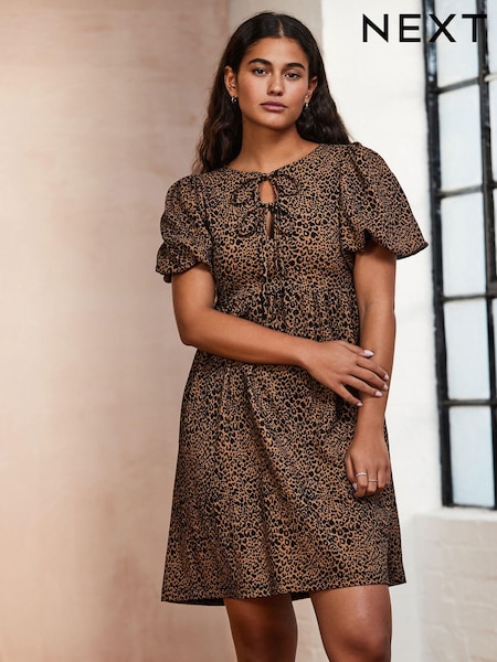 Brown Leopard Animal Textured Jersey Puff Sleeves Tie Front Detail Mini Dress (E54614) | £32