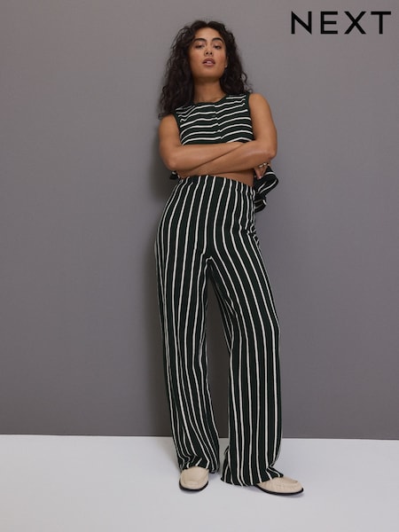 Green/Ecru 100% Cotton Striped Wide Leg Towelling Trousers (E54630) | £30