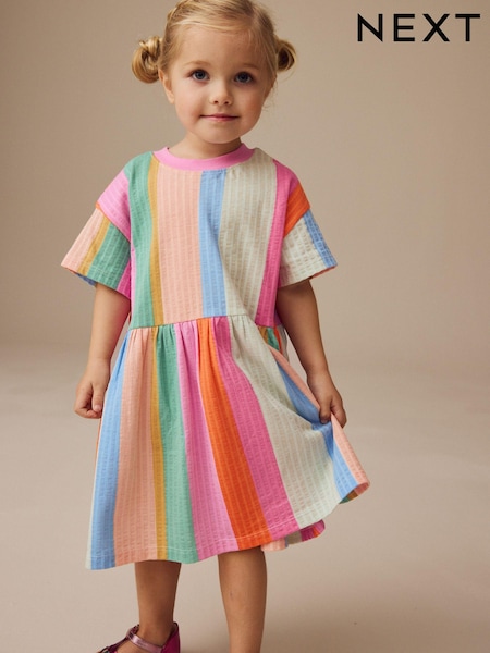 Rainbow Stripe Short Sleeve Summer Dress (3mths-7yrs) (E54813) | £6 - £8