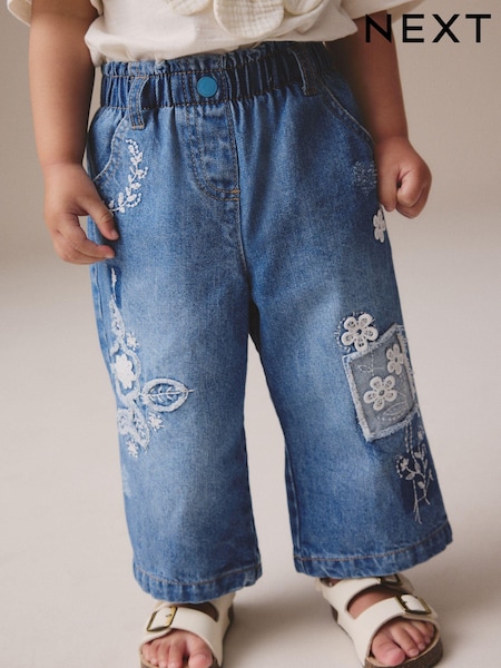 Mid Blue Denim Wide Leg Embellished 100% Cotton Jeans (3mths-7yrs) (E54859) | £15 - £17