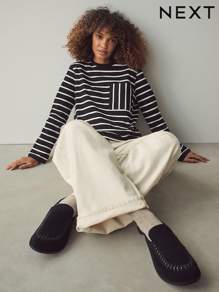 Black/White Stripe Pocket Detail Long Sleeve Drawstring 100% Cotton T-Shirt (E54925) | £24