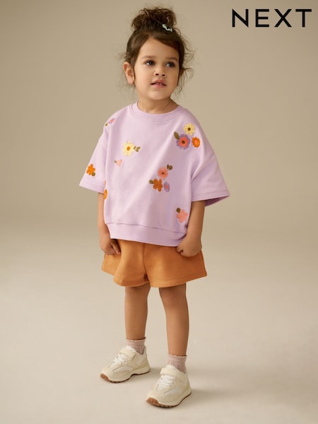 Lilac Purple Short Sleeve 100% Cotton Sweatshirt and Shorts Set (3mths-7yrs) (E54934) | £14 - £18