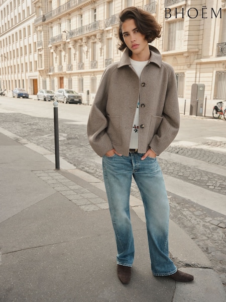 Taupe Brown Fur - Balloon Sleeve Wool Blend Jacket