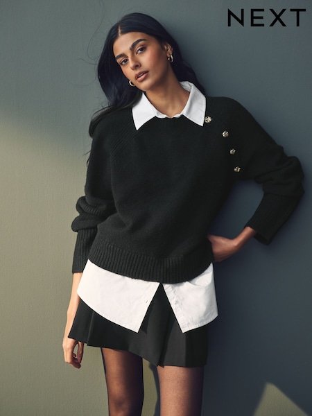 Black Layered Long Sleeve Collared Gold Detailed Button Jumper with Wool and 100% Cotton Shirt (E55335) | £48