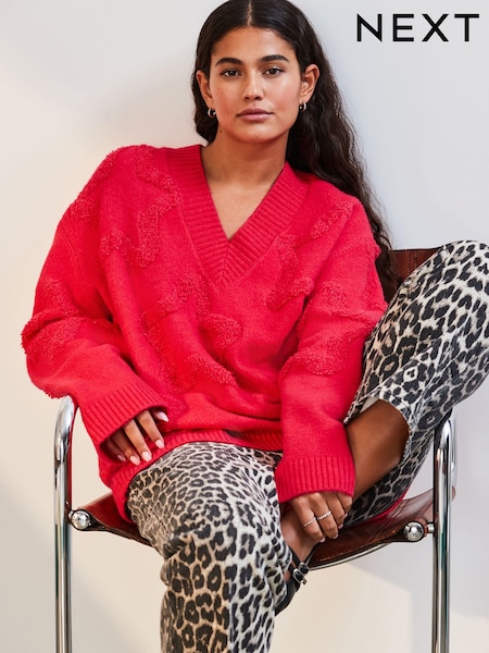 Pink Bright Star Textured V-Neck Long Sleeve Knitted Jumper With Wool (E55458) | £21