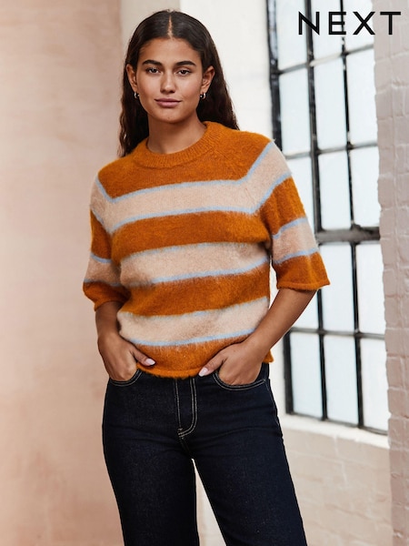 Orange Stripe Brushed Knitted T-Shirt (E55495) | £34