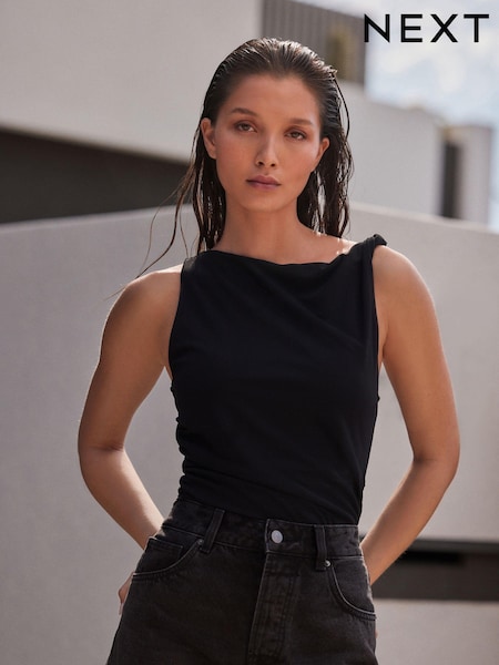 Black Twist Shoulder Jersey Top (E55669) | £28