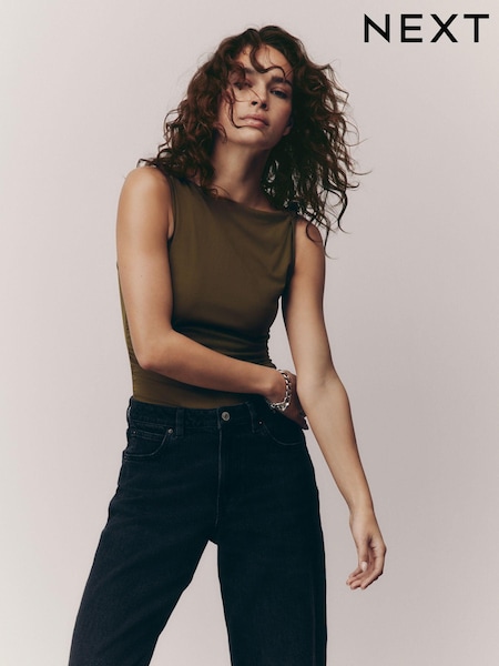 Olive Green Twist Shoulder Jersey Top (E55674) | £28