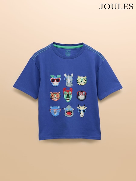 Joules Archie Blue Cotton Short Sleeve Applique T-Shirt (E56236) | £16 - £18