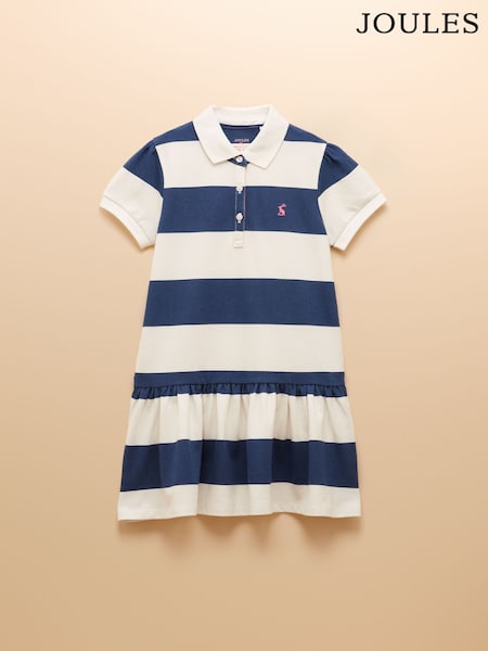 Joules Orla Blue/White Short Sleeve Polo Shirt Dress (E56524) | £24 - £30