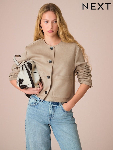 Neutral Faux Suede Collarless Jacket (E57514) | £42