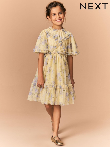 Yellow Floral Cut Out Mesh Printed Occasion Dress (3-16yrs) (E57542) | £28 - £34
