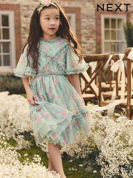 Sage Green Floral Cut Out Mesh Printed Occasion Dress (3-16yrs) (E57543) | £28 - £34