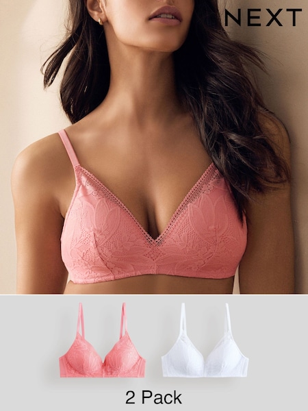 Coral/White Pad Non Wire Lace Detail Ultimate Comfort Bras 2 Pack (E57609) | £28
