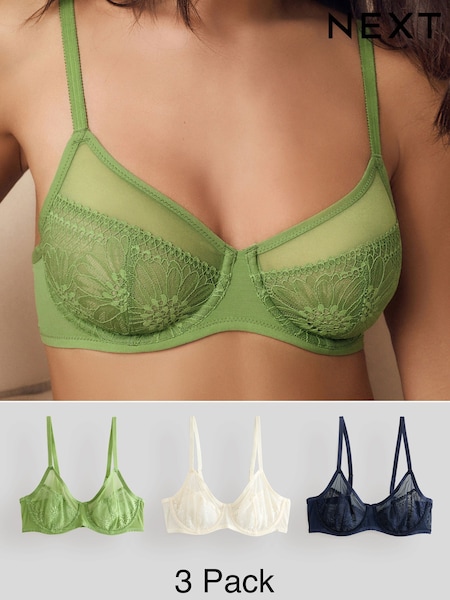 Green/Cream/Navy Non Pad Full Cup Floral Lace Bras 3 Pack (E57611) | £34