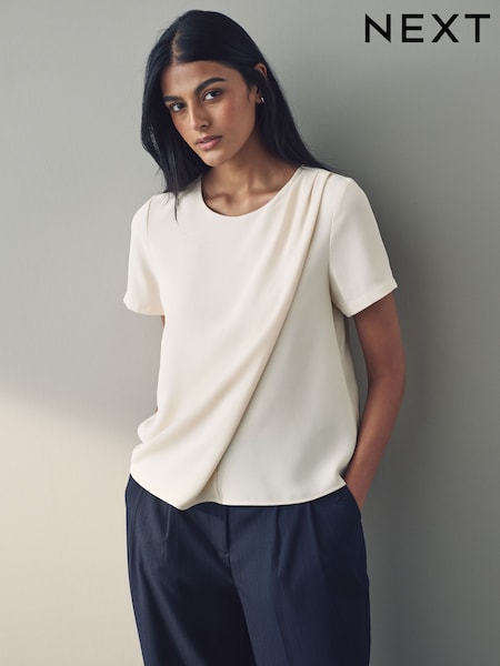 Cream Short Sleeve Crepe Asymmetric Top (E58308) | £34