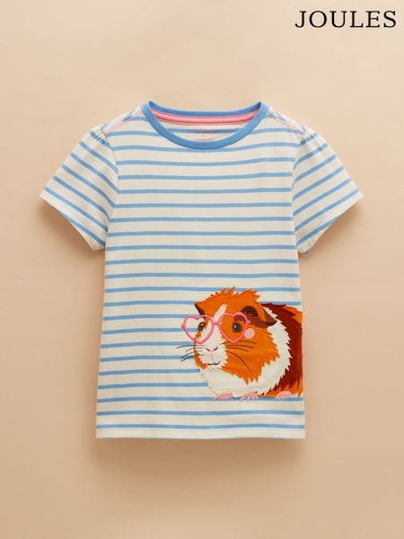 Joules Astra Blue Stripe Hamster Applique Cotton T-Shirt (E59017) | £16 - £18