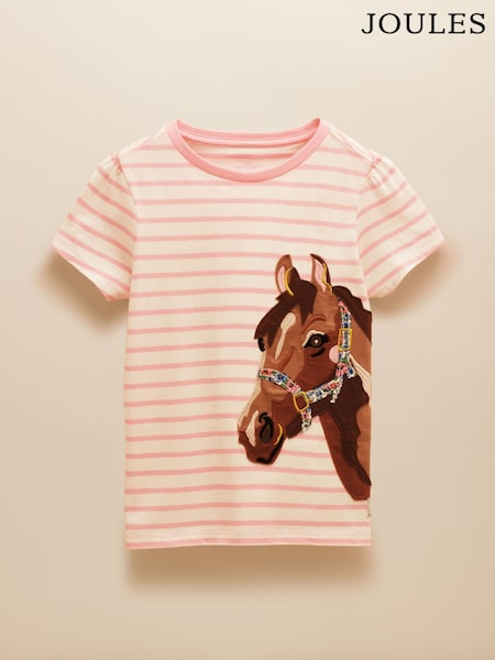 Joules Astra Pink Stripe Horse Applique Cotton T-Shirt (E59018) | £16 - £18