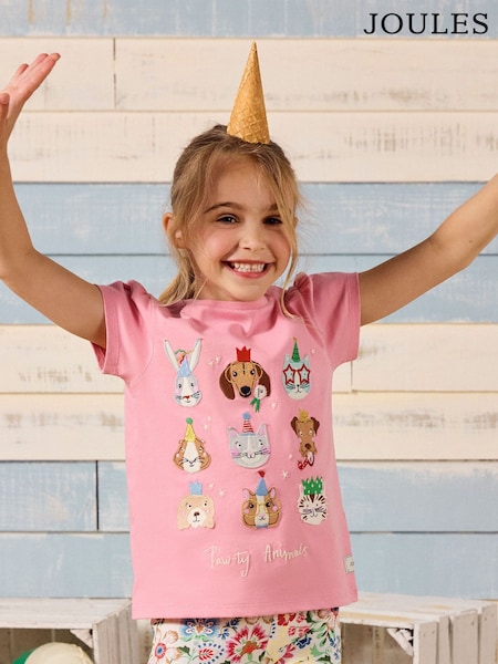 Joules Astra Pink Animal Applique Cotton T-Shirt (E59021) | £16 - £18
