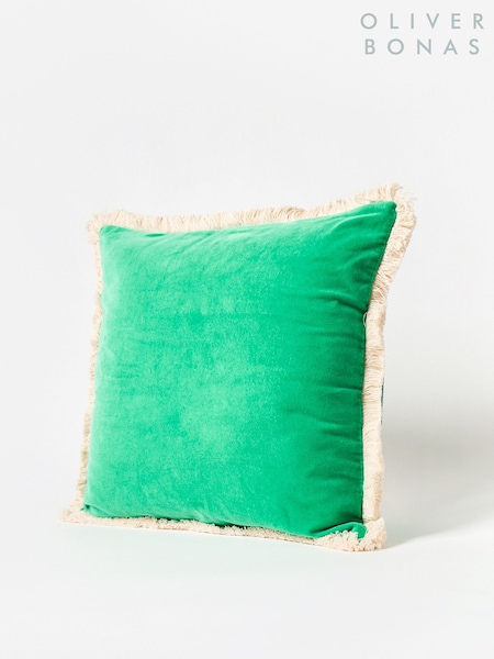 Oliver Bonas Jade Green 100% Cotton Issey Velvet Fringed Cushion Cover (E59193) | £28