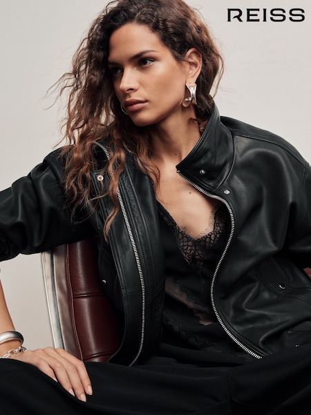 Black - Reiss Cara Leather Funnel-neck Bomber Jacket
