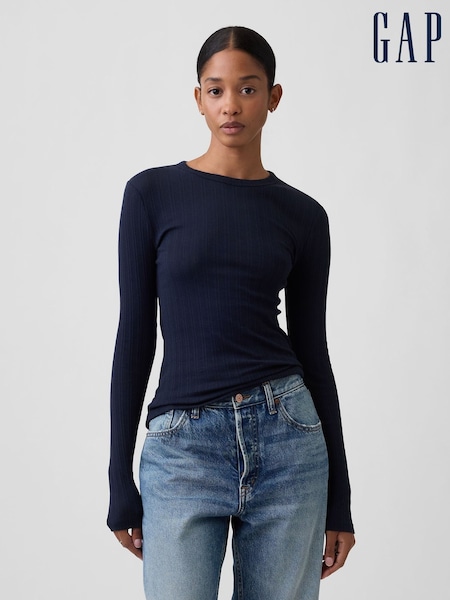 Navy - Gap Essential Ribbed Pointelle Long Sleeve T-shirt