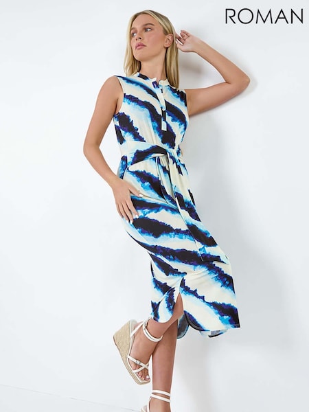 Roman Blue Tie Detail Printed Stretch Dress (E59527) | £42