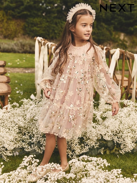 Pink/Gold Embroidered Sequin Long Sleeve Mesh Occasion Dress (4-14yrs) (E59776) | £47 - £53