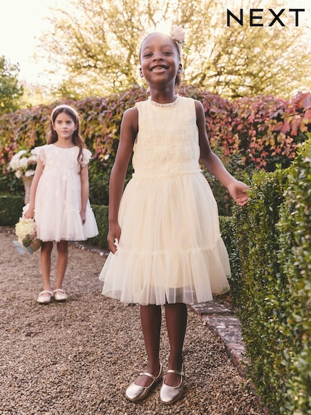Ecru White Tiered Mesh & Lace Flower Girl Dress (3-16yrs) (E59796) | £22 - £28