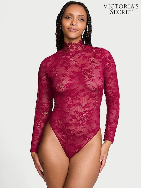 Victoria's Secret Campari Red Lace Long Sleeve Bodysuit (E59890) | £59