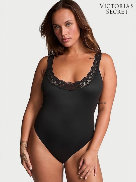 Victoria's Secret Black Lace Trim Scoop Neck Bodysuit (E59894) | £49