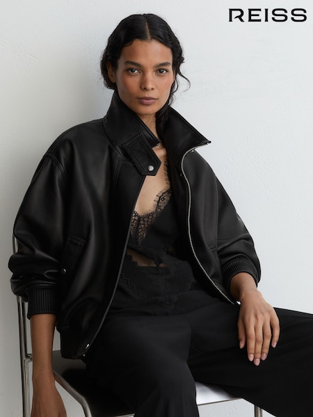 Black - Reiss Cara Leather Funnel-neck Bomber Jacket