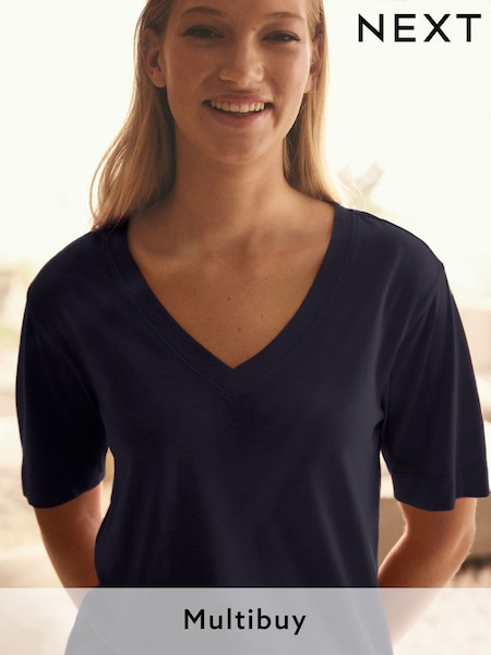 Navy Cotton Modal Slouch V-Neck T-Shirt (E59955) | £10
