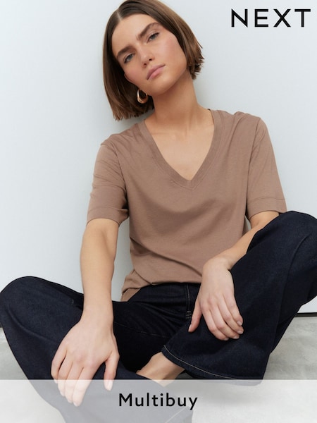 Neutral Cotton Modal Slouch V-Neck T-Shirt (E59959) | £10