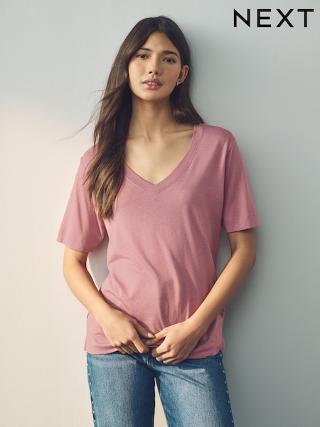 Rose Pink Cotton Modal Slouch V-Neck T-Shirt (E59961) | £10