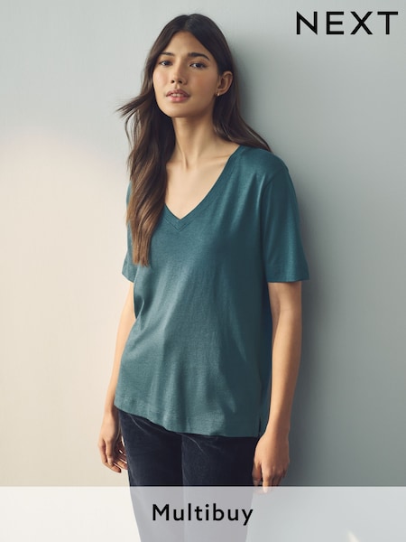 Teal Blue Cotton Modal Slouch V-Neck T-Shirt (E59962) | £10