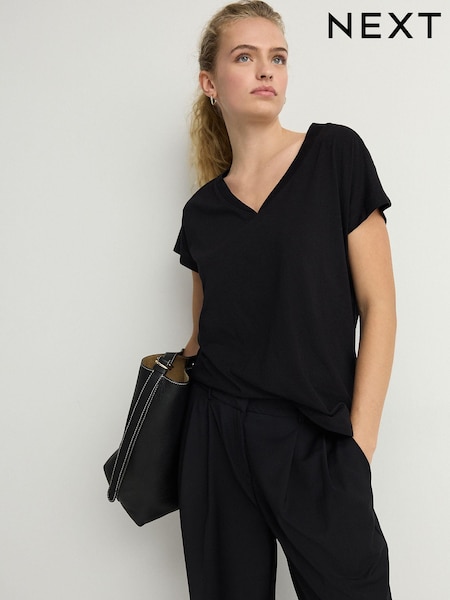 Black V-Neck Cap Sleeve T-Shirt (E59968) | £7.50