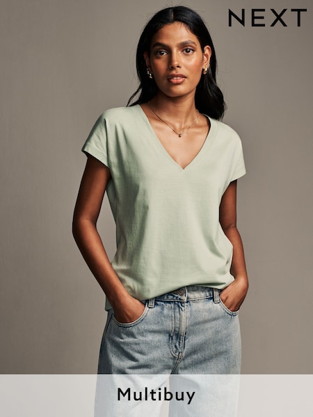 Sage Green V-Neck Cap Sleeve T-Shirt (E59970) | £7.50