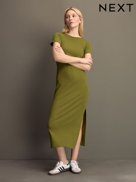 Khaki Green Ribbed T-Shirt Style Column Maxi Dress With Slit Detail (E59981) | £16