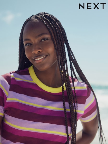 Purple/Pink Stripe Essential Pure Cotton Short Sleeve Crew Neck T-Shirt (E59982) | £7.50