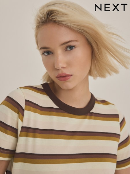 Ecru/Chocolate Stripe Essential Pure Cotton Short Sleeve Crew Neck T-Shirt (E59983) | £7.50